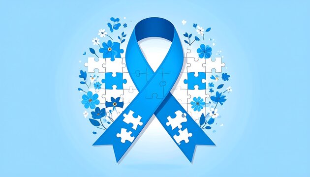 Blue ribbon with puzzle pieces and flowers