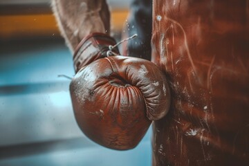 Close up of worn brown leather boxing glove with dust and scratches against blue background, showcasing texture and weathered details