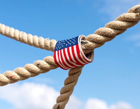American flag wrapped around a rope knot against a blue sky