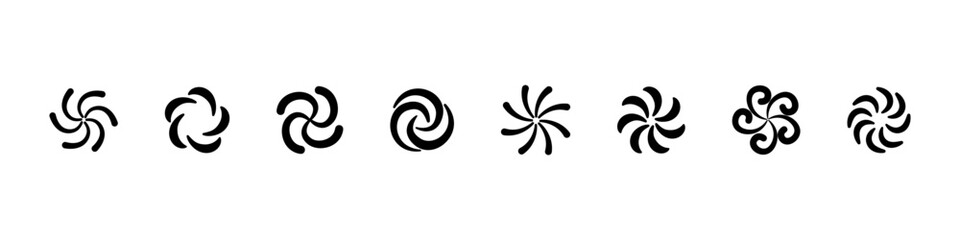 Swirl sign. Twirl icon set. Whirlpool spin set. Isolated swirl round signs. Black spiral round vortex symbol.