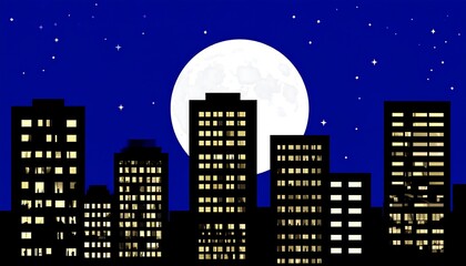 City skyline at night under a full moon
