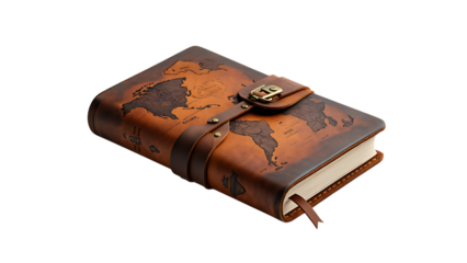 Vintage leather bound journal with world map design isolated on transparent background