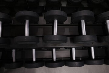 Many metal dumbbells on stand in gym, above view