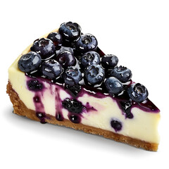 A slice of creamy cheesecake topped with fresh blueberries and a drizzle of berry sauce.