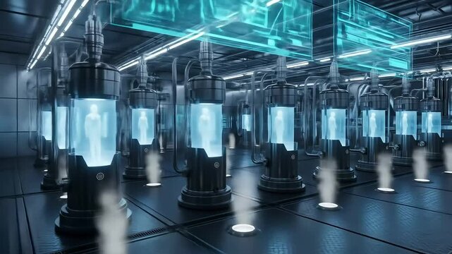 Advanced Futuristic Laboratory Showcasing Rows of Human Clones or Androids in Stasis Pods, Cryotherapy Concept