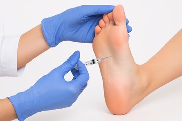 A podiatrist is giving a shot to a patient's foot