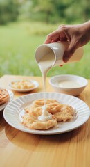 A person is pouring a white liquid over a plate of food