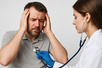 A man is sitting in a doctor's office while a woman doctor examines him
