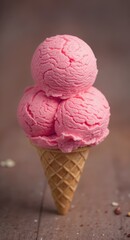 A cone of pink ice cream with three scoops