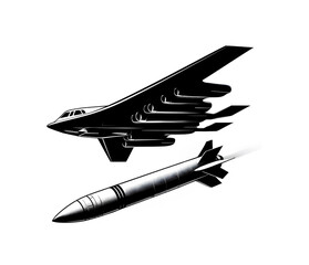 Strategic Bomber Launching Missile – Black and White Vector Illustration