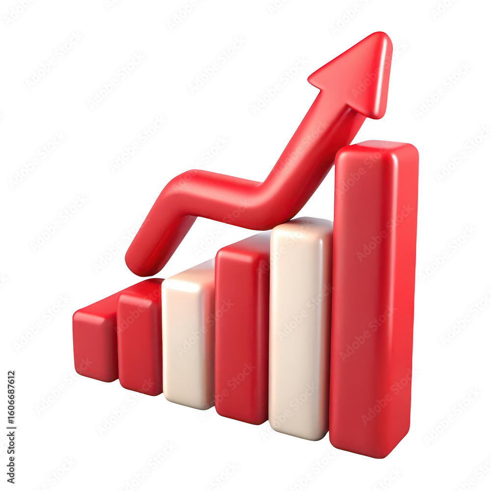 Poster 3d red arrow graph showing upward trend with alternating red and cream bars isolated on transparent 