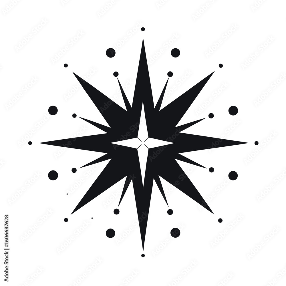 Poster a stylized black starburst or compass rose design with radiating points and surrounding dots symboli