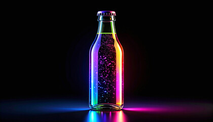 Vibrant Neon Soda Bottle with Rainbow Lights and Bubbles