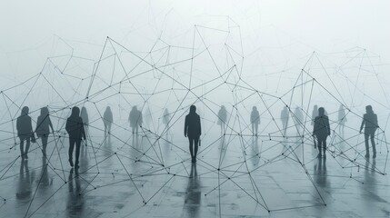 Silhouetted figures connected by a geometric network, shrouded in fog