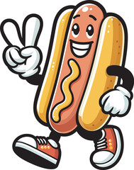 Hot Dog Mascot Cartoon  Vector  Smiling Character with Peace Signs