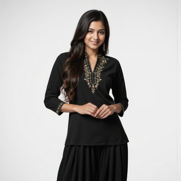 Confident Young Woman in Elegant Black Embroidered Kurti and Dhoti Pants Studio Portrait