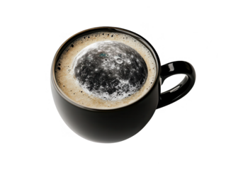 Coffee cup with moon surface texture on top, cosmic caffeine, transparent background