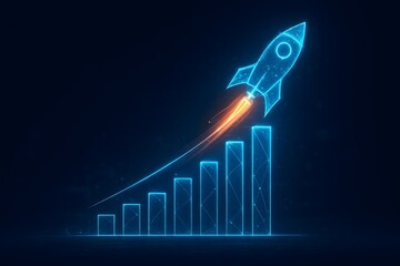 Futuristic neon rocket launching upward over digital growth bar chart