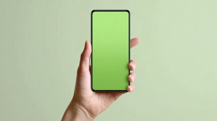 A Hand Delicately Holds A Modern Smartphone Vertically With A Vibrant Green Screen Thumb Gently Touching Display Against Green Screen Background