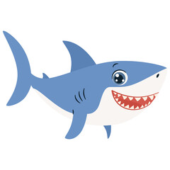 Flat vector illustration. Cute toothy shark smiling. Illustration in children's style on white background . Vector illustration