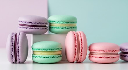 Obraz premium Colorful Macarons on a White Surface. An eye-level shot shows an assortment of pastel-colored macarons arranged on a white surface. Macarons are in shades of lilac, mint green, light pink