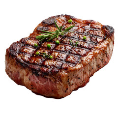 A juicy char grilled beef steak with distinct grill marks seasoned with herbs and spices presented against a clean white backdrop for a professional and appetizing image