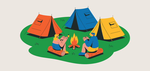 Fototapeta premium Campground scene with tents and campfire