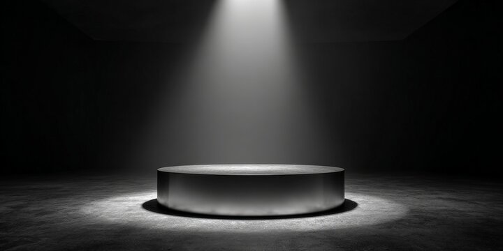 Silver round podium under spotlight on dark dramatic background