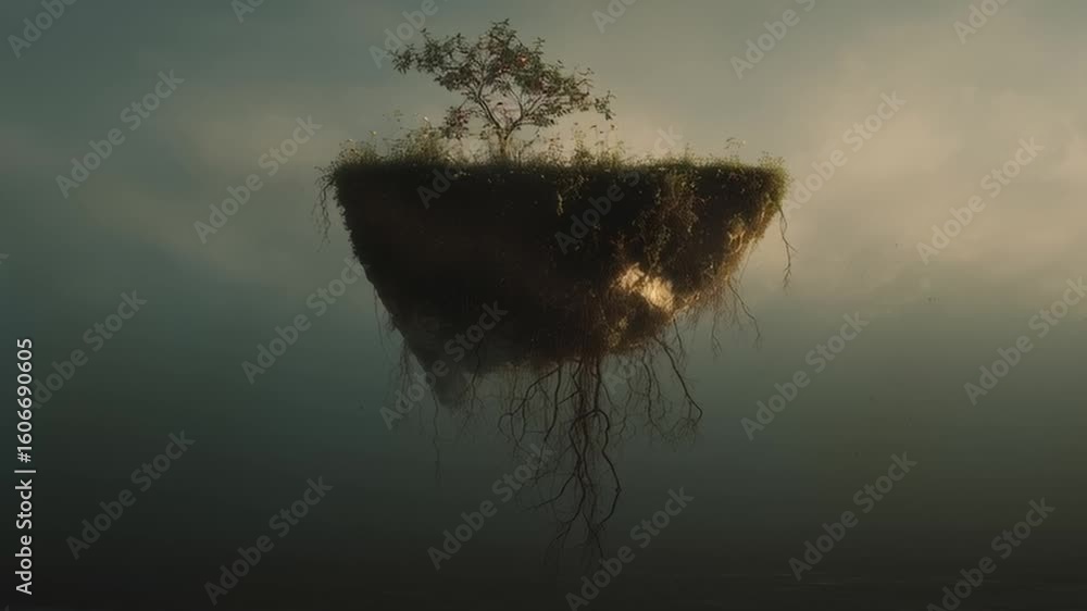 Aufkleber surreal floating island with tree under moody sky at twilight
