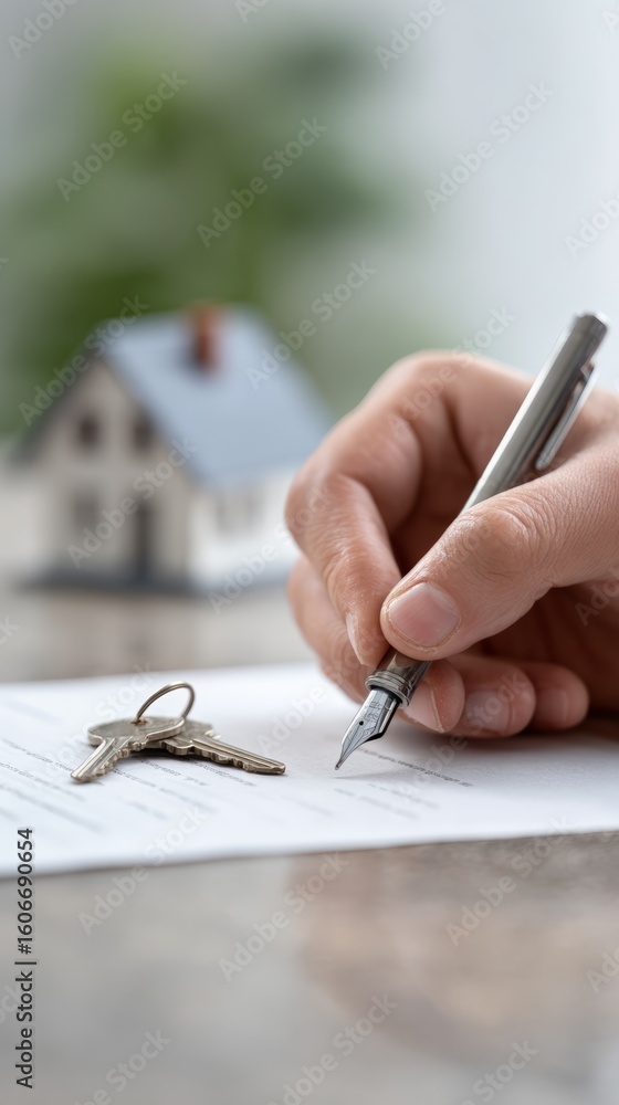 Poster handwriting a signature with a fountain pen while signing a mortgage contract after purchasing a hou