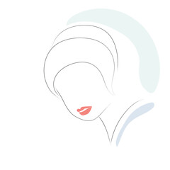 Minimalist vector design of a woman's face with black lines with sensual lips and abstract colored strokes. Graceful female face for logo, cosmetics, perfume, beauty. Silhouette of feminine tenderness
