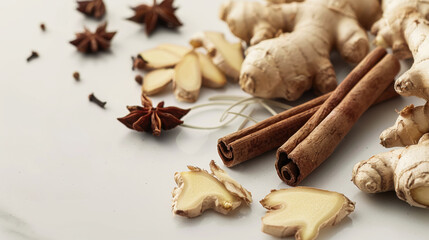 Fresh ginger slices with cinnamon sticks, star anise, and cloves on white background