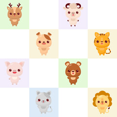 Seamless Pattern with cute animal illustrations: grey cat, yellow lion, dog, brown bear, sheep, tiger, rabbit,cow. It is ideal for decorating children's goods.