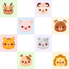 Seamless mesh pattern with cartoon animal faces on colored squares: deer, sheep, pig, bear, tiger, cat, dog and lion. It is ideal for children's goods and decoration.
