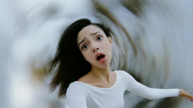 Balance loss scene: Woman confronts vertigo sign, inner chaos, postural sway, wellness crack, health jolt, medical angle, emotional stir, physical blur, mental storm, stability threat, focus lapse