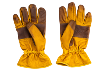 Pair of yellow and brown work gloves isolated on transparent background