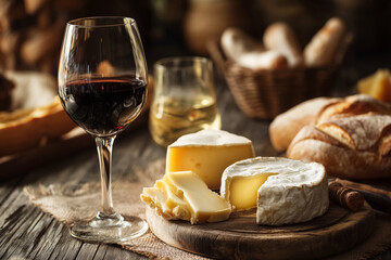 A glass of red wine is poured into a wine glass on a wooden table
