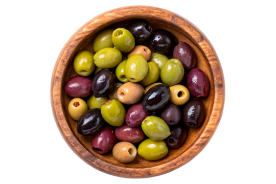 Assorted olives in wooden bowl isolated on transparent background. Mix of green, black, and purple olives. Mediterranean appetizer. Organic marinated olives close-up top view. Rustic food concept. - Powered by Adobe