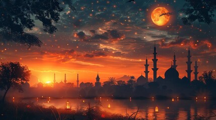 Silhouette mosque cityscape at sunset near water, lights twinkle under a large moon