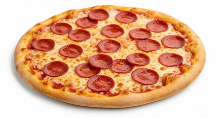 Pepperoni Pizza. A high-angle, studio shot presents a delicious, freshly-baked pepperoni pizza on a plain white surface. The pizza is round, with a golden-brown, slightly puffed crust. 