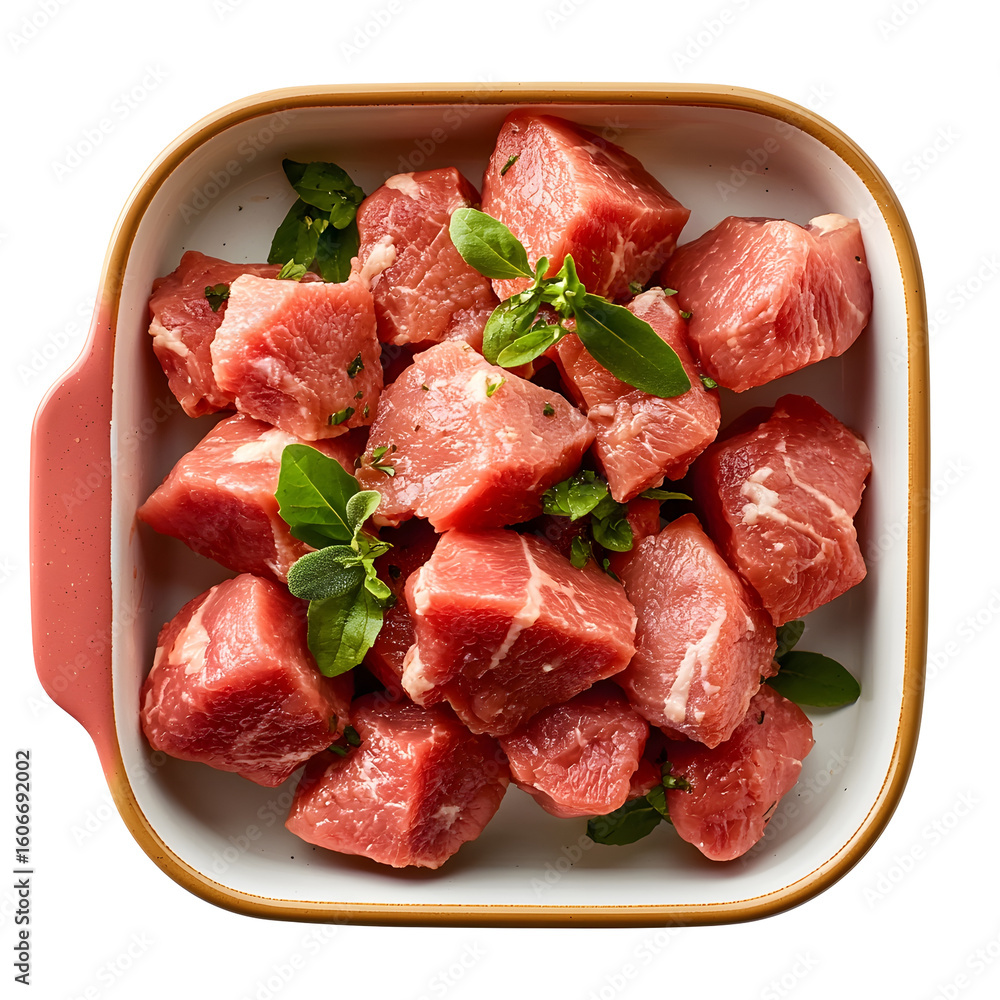 Poster a close up view of fresh cubed raw meat pieces arranged on a white tray or container with a simple m