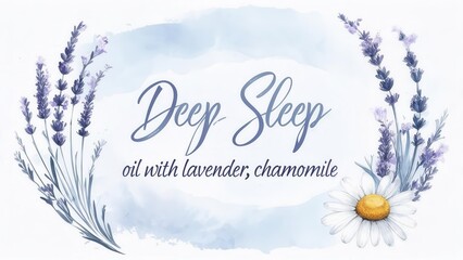 Obraz premium Deep sleep with lavender and chamomile oil on a white background with a watercolor wreath of lavender and chamomile. Concept of calm and relaxation