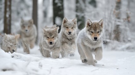 of playful wolf cubs engaging in gentle play and chasing each other across the snow, set in a quiet forest blanketed in white 