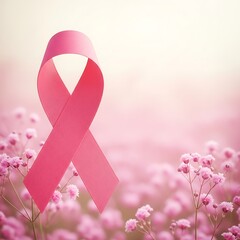 Pink awareness ribbon amidst a field of delicate flowers.