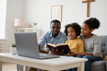 Fototapeta premium African family studying Bible together via online church platform