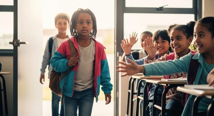Students Leaving Classroom at the End of the Day.  A group of diverse elementary school children are leaving their classroom at the end of the school day.