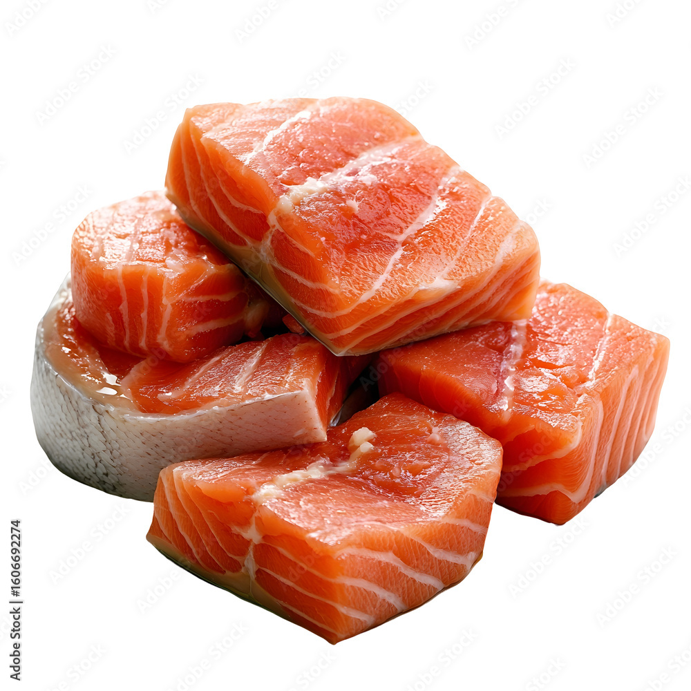 Poster close up view of fresh uncooked salmon fillet slices arranged on a plain white background showcasing