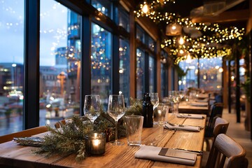 An elegantly set wooden dining table adorned with festive pine branches and warm fairy lights, overlooking a vibrant city at dusk.