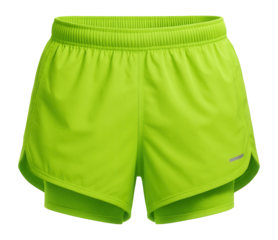 Neon green running shorts with a mesh lining and elastic waistband