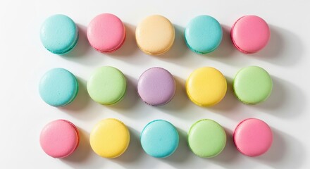 Colorful Macarons on a White Surface. An eye-level shot shows an assortment of pastel-colored macarons arranged on a white surface. Macarons are in shades of lilac, mint green, light pink
